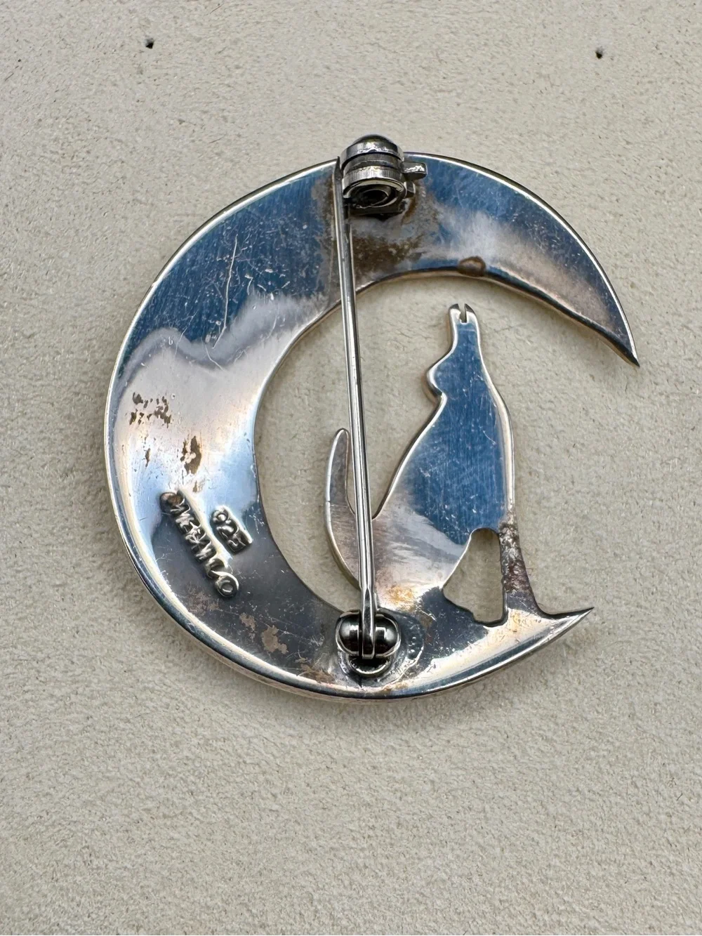 Vintage Taxco Mexico .925 Sterling Silver Wolf Howling at Moon Brooch Pin